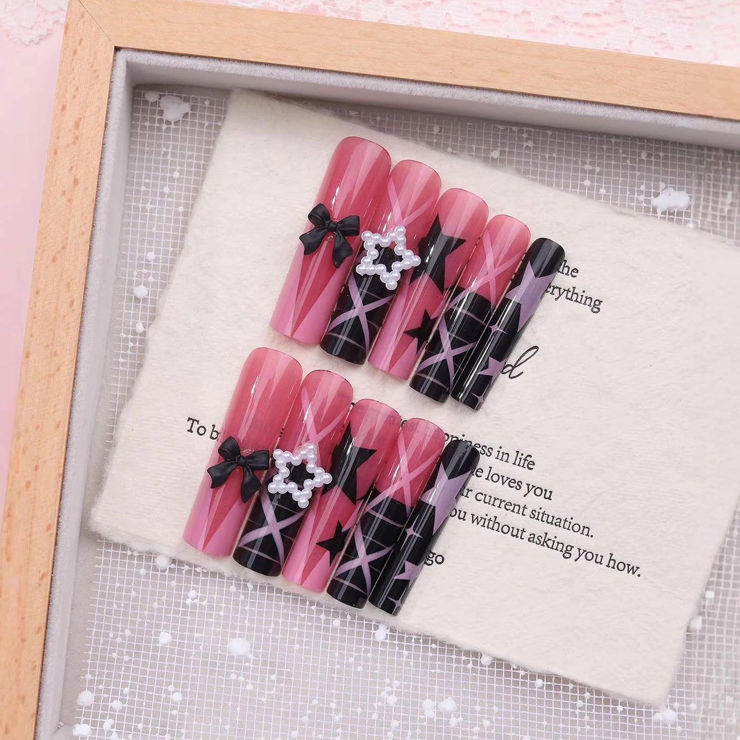 MISUD Press on Nails - Extra Long Square Fake Nails with French Tip, Acrylic Y2K Pink Black Star Bow Design 24 pcs