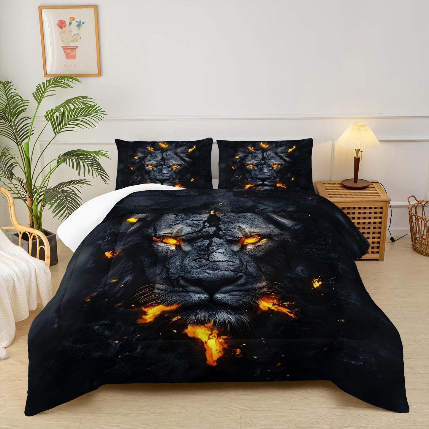 lneffble Black & Gold Twin Comforter Set Lion，Lion Twin Size Bedding Set，with 1 Comforter with 2 Pillow Case，Animal Bedroom Decor for Boys Kids Man