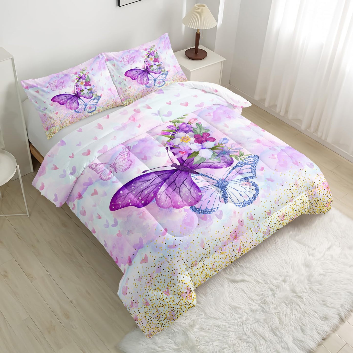 Nttopship Violet Butterfly Comforter Set 3 Pieces Bedding Set for Kids Teen Boys King Size ，Cute Flower Butterfly Bedding Set for Bedroom Soft Microfiber All Season 3pcs(1 Comforter & 2 Pillowcases)