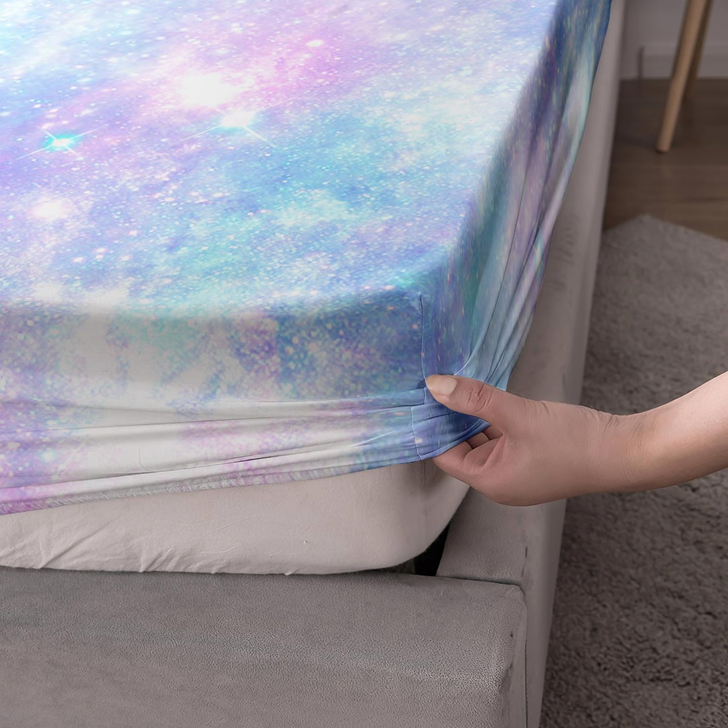 QOOMO Starry Sky Sparkles Bedding for Boys and Girls Tie Dye Print Silky Soft Microfiber Bed Sheets Blue Shining Star Super Soft Queen Size 1 Fitted Sheet, 1 Flat Sheet, 2 Pillow Cases