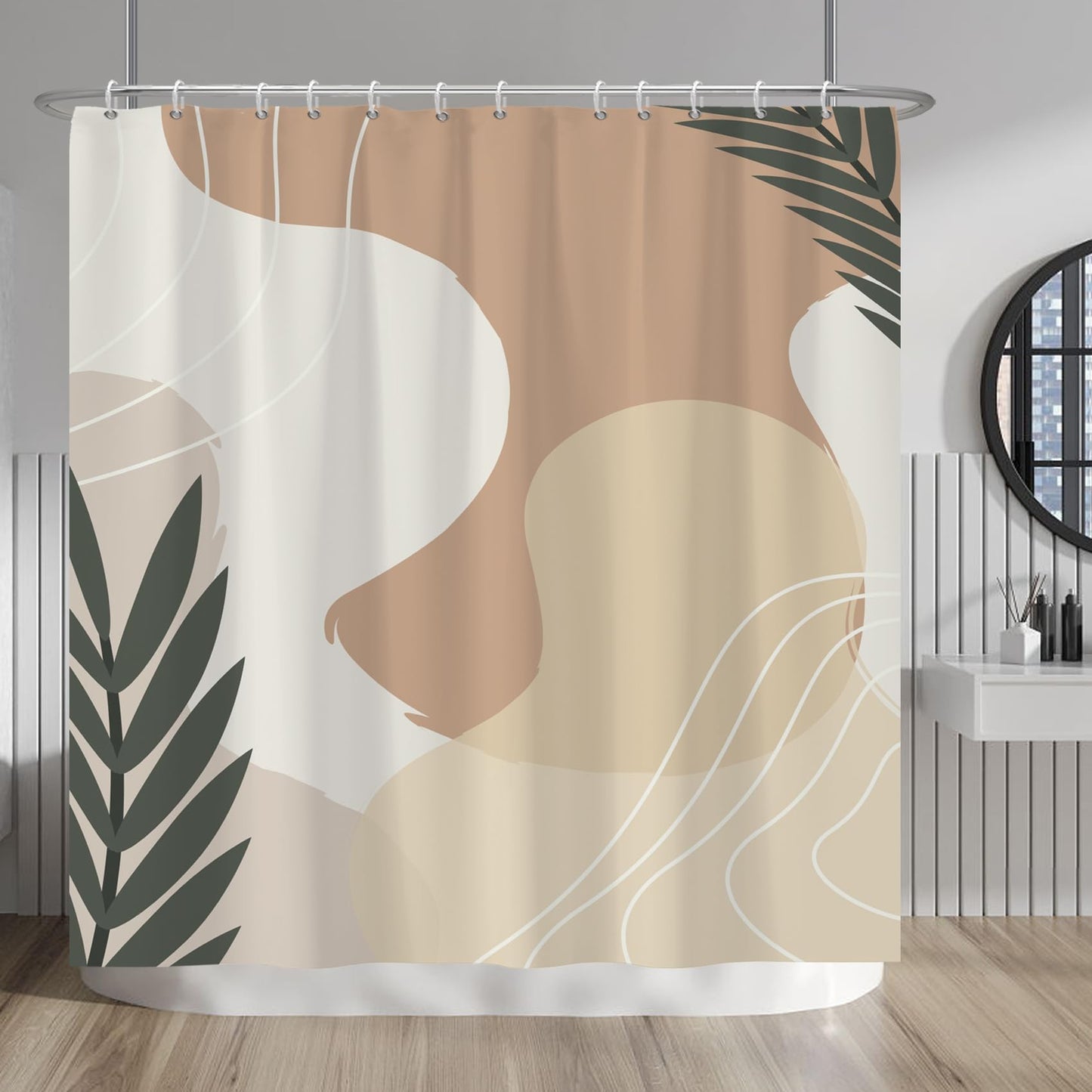 Baocicoo Beige Green Leaves Shower Curtain Sets Brown Cream Shower Curtains for Boho Bathroom Bathtub Decorations Durable Polyester Waterproof Curtain for Bathroom with Hooks 72x72 Inches