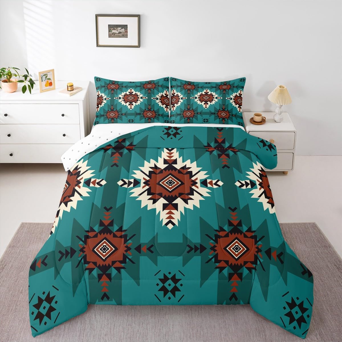 jejeloiu Native American Comforter Set Queen Size Western Aztec Bedding Set for Kids Boys Girls Boho Duvet Quilt Geometric Bedroom Decor Microfiber 3 Pcs with 2 Pillow Cases