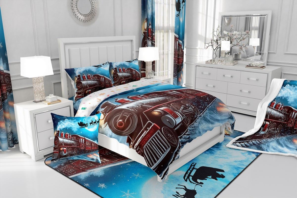 Erosebridal Kids Steam Train Comforter Set Twin,Christmas Santa Claus Deer Bedding Set Xmas Gifts for Boys Girls,Winter Snowflake Quilt Bed Set Vehicle Trains Bed Comforter Sets 2Pcs Room Decor