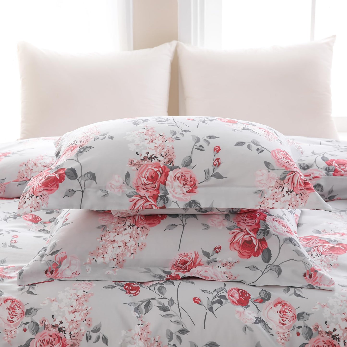 Ocharo Pink Floral Duvet Cover Set King Size 100% Cotton,Reversible Romantic Garden Rose Print Bedding Set for Girls Women,Soft 3 Pieces Cute Chic Style Comforter Cover with 2 Pillow Sham(20"x26")