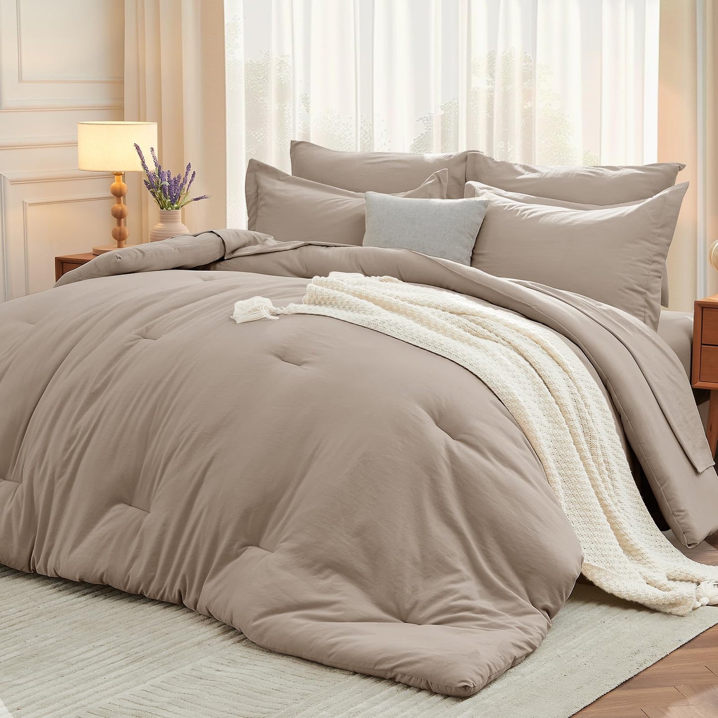 MUXHOMO 7 Pieces King Comforter Set, Soft Bed in a Bag King Size, All Season Bedding Set with Comforter, Flat Sheet, Fitted Sheet, Pillowcases & Shams, Linen