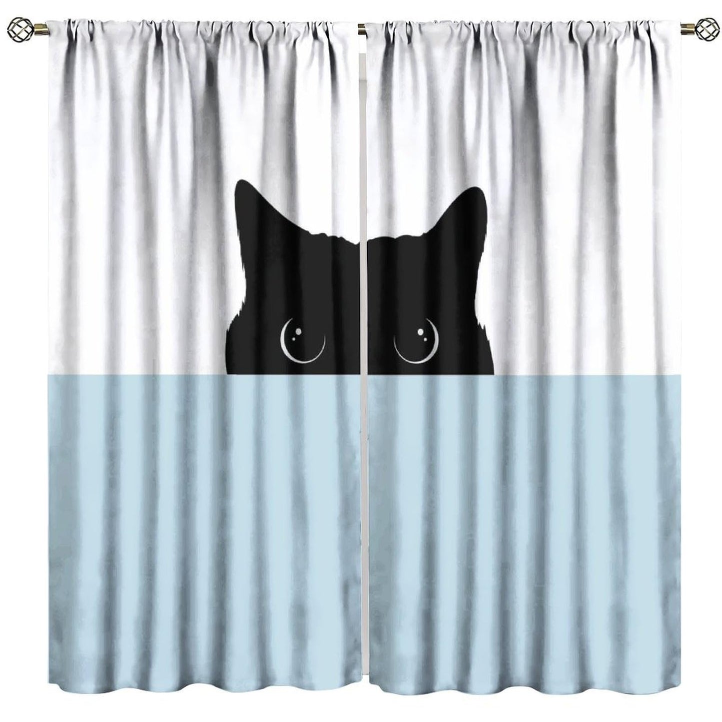 JADERYS Funny Cat Curtains Cartoon Cute Pet Animal Black Cat White Blue Bedroom Living Room Bathroom Blackout Rod Pocket Decoration Window Drapes 2 Panels W21xL45in