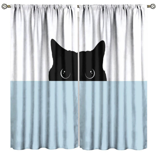 JADERYS Funny Cat Curtains Cartoon Cute Pet Animal Black Cat White Blue Bedroom Living Room Bathroom Blackout Rod Pocket Decoration Window Drapes 2 Panels W21xL45in