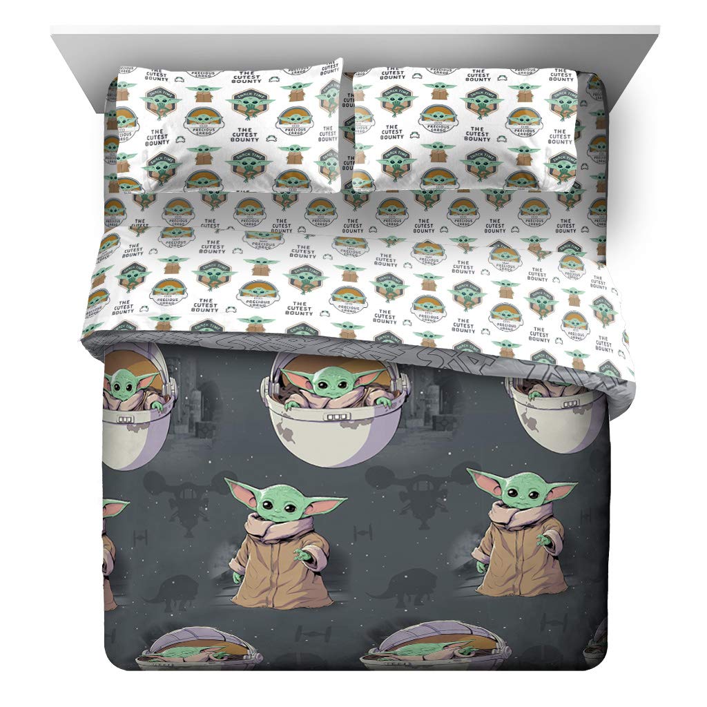 Jay Franco Star Wars The Mandalorian The Child 5 Piece Queen Bed Set - Includes Reversible Comforter & Sheet Set - Bedding Features Baby Yoda - Super Soft Fade Resistant Microfiber Official Product