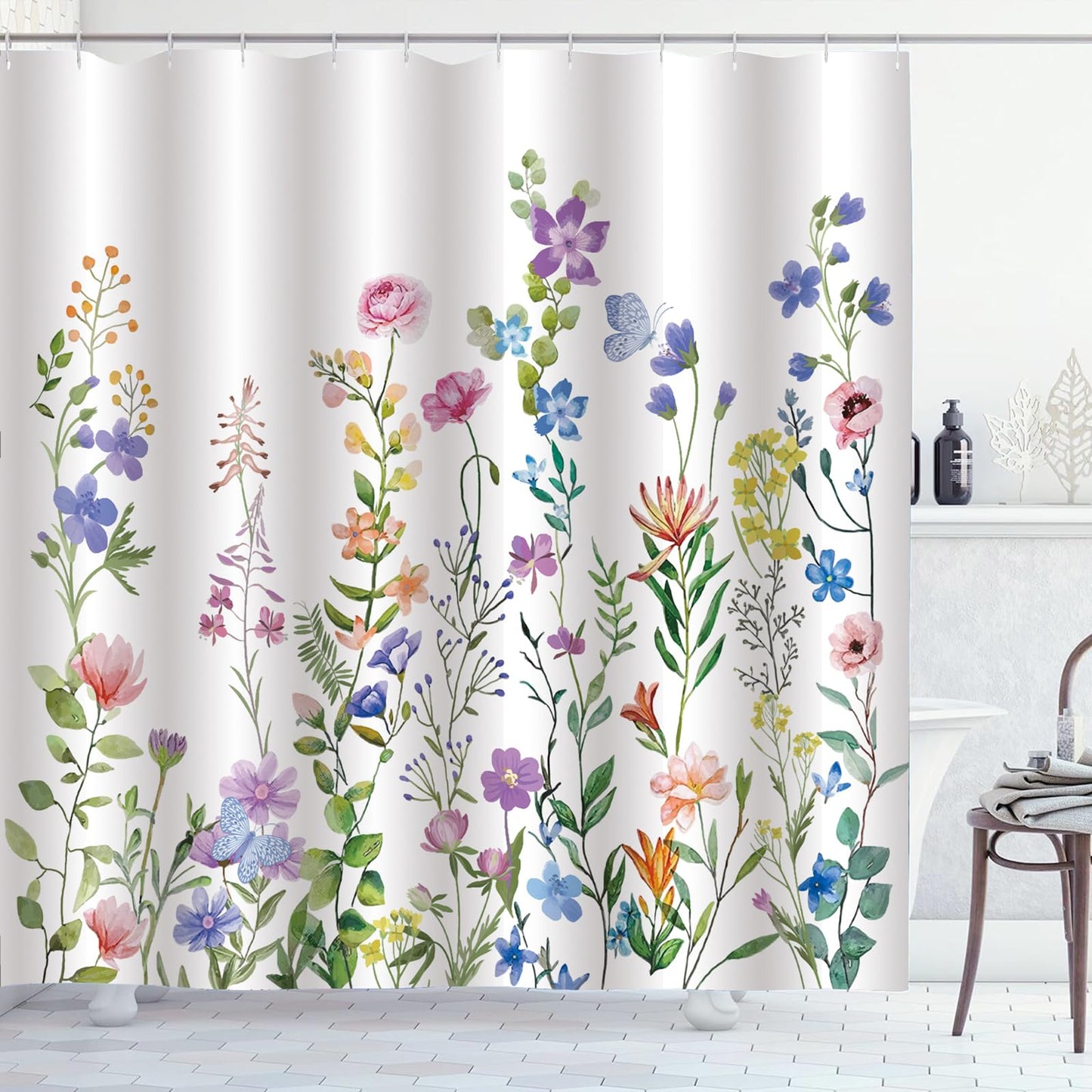 ZCHOMI Spring Floral Shower Curtain Wildflower Plant Shower Curtains for Bathroom Waterproof Polyester Fabric Bath Curtain 72 x 72 Inch with 12 Plastic Hooks