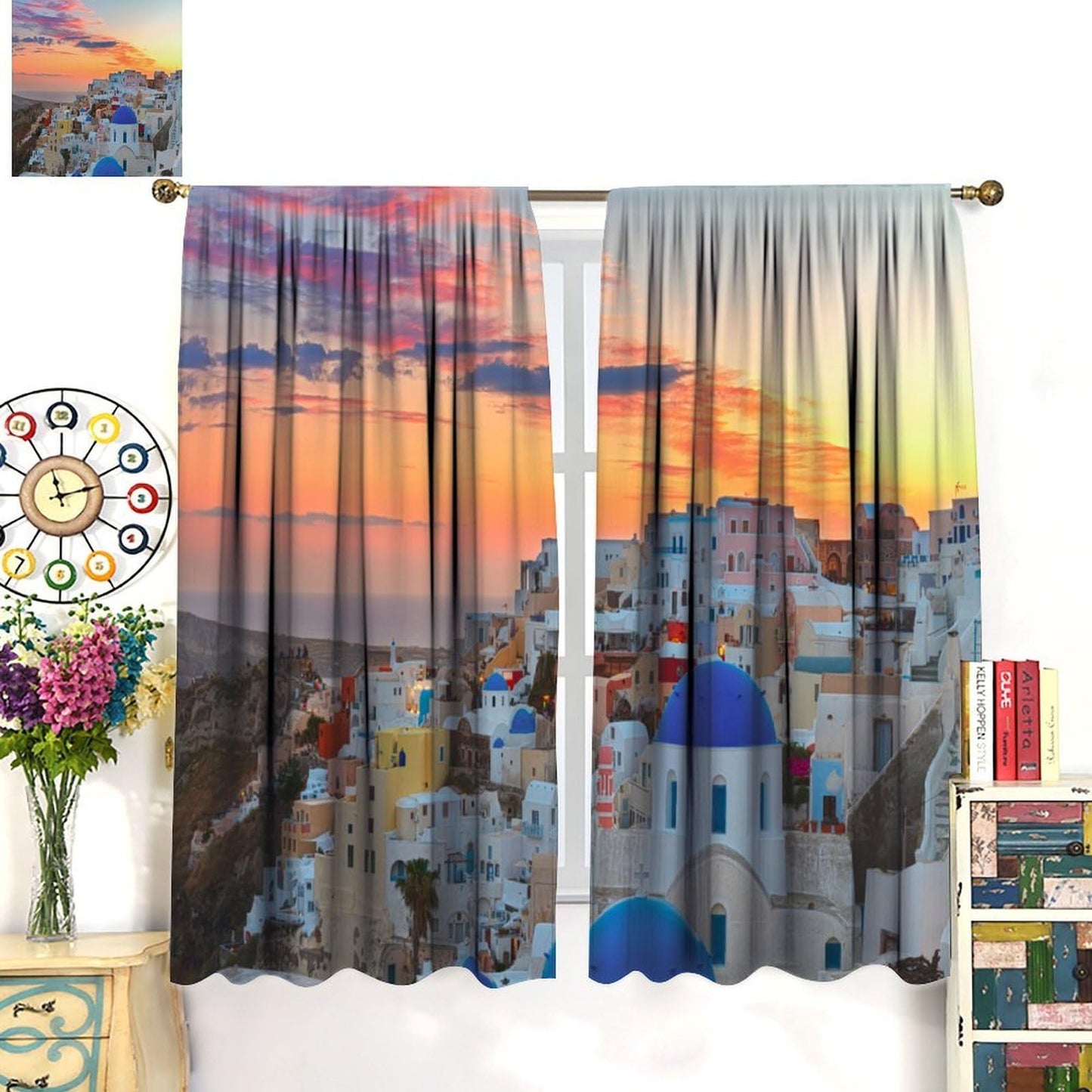 European Island Cityscape Curtains Sunset Traditional Greek Village Church Blue Dome Building Rod Pocket Window Treatments for Bedroom Kitchen Living Dining Apartment Dorms Cafe 42"W X 44.5"L
