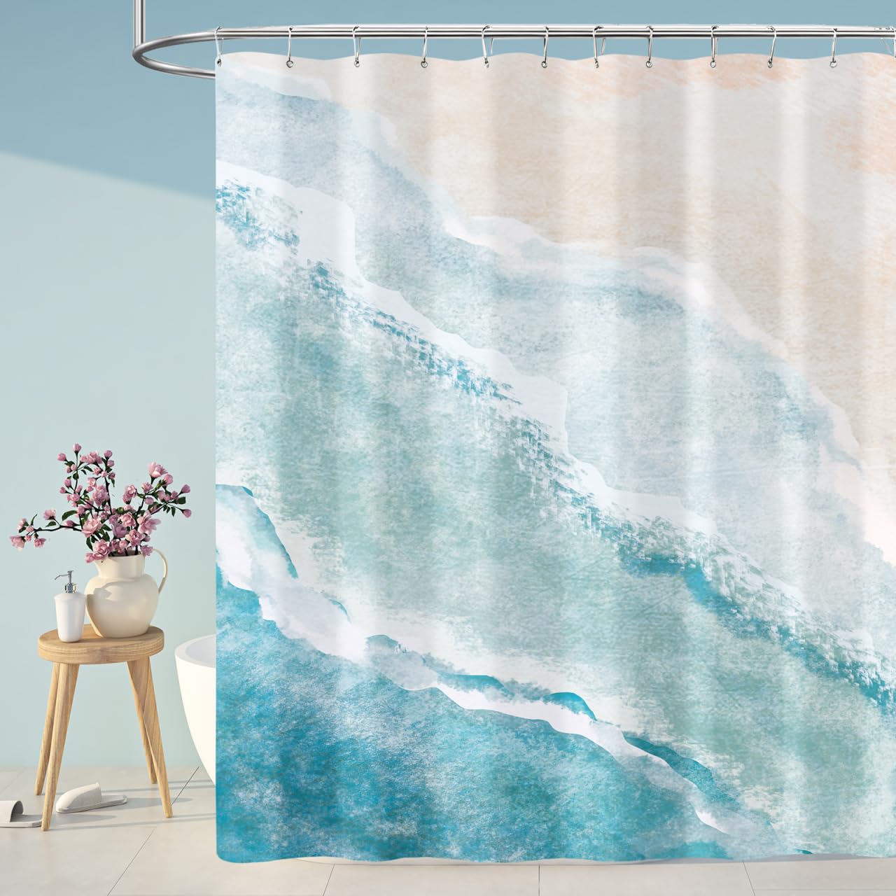 BayNook Beach Ocean Themed Shower Curtain, Teal Blue Coastal Fabric Shower Curtains for Bathroom Decor, Summer Tropical Nautical Shower Curtain Set with Hooks 72x72