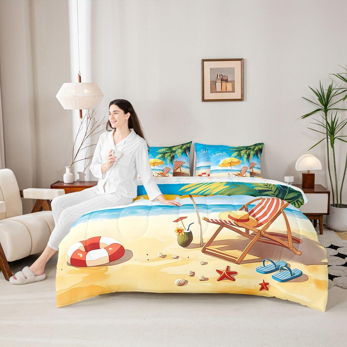 Erosebridal Beach Chair Summer Queen Bedding Set Tropical Palm Tree Comforter Set Kids Adults Cartoon Seashell Starfish 7-Piece Bed in a Bag Hello Summer Seaside Vacation Quilt Sets