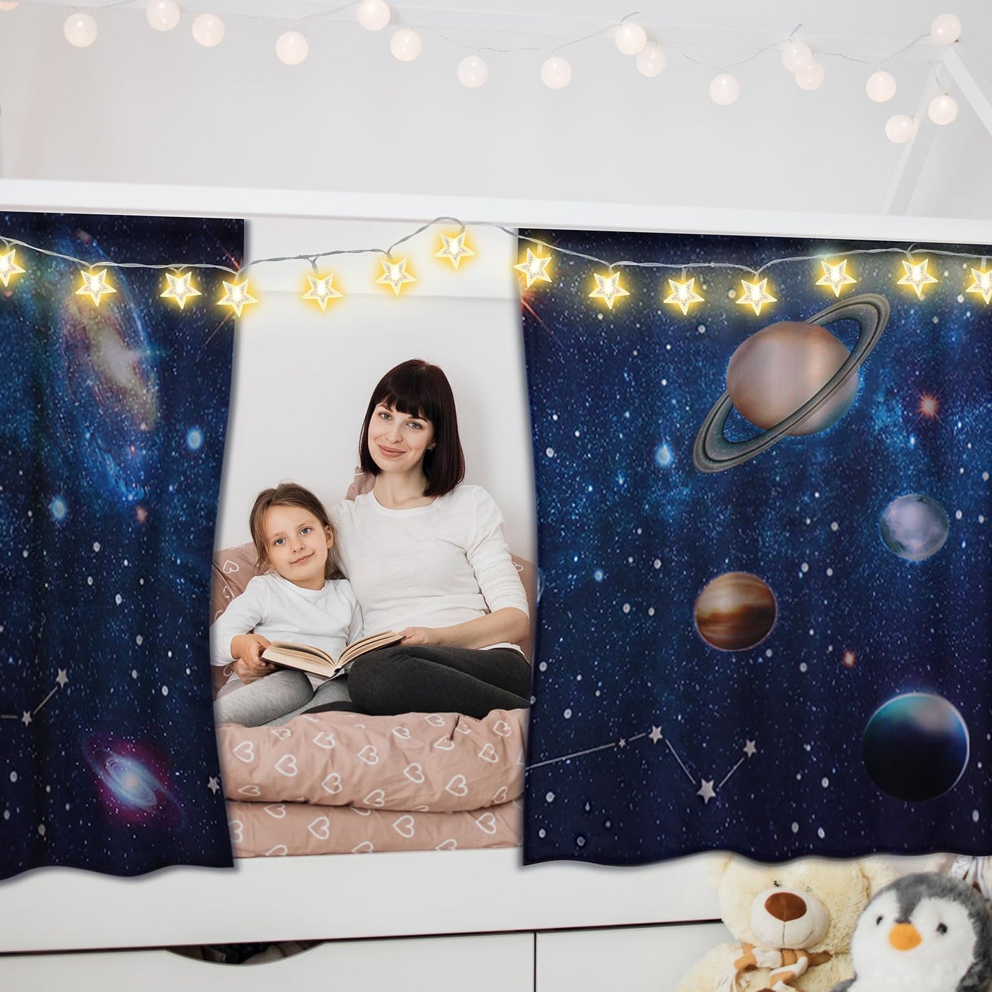 Frienda Galaxy Loft Bed Tent Curtain Set 75 x 36 x 41.5 Inches Space Bunk Bed Tent with String Light Galaxy Blackout Curtains Decoration for Home Bedroom Dorm Privacy Protection Decoration