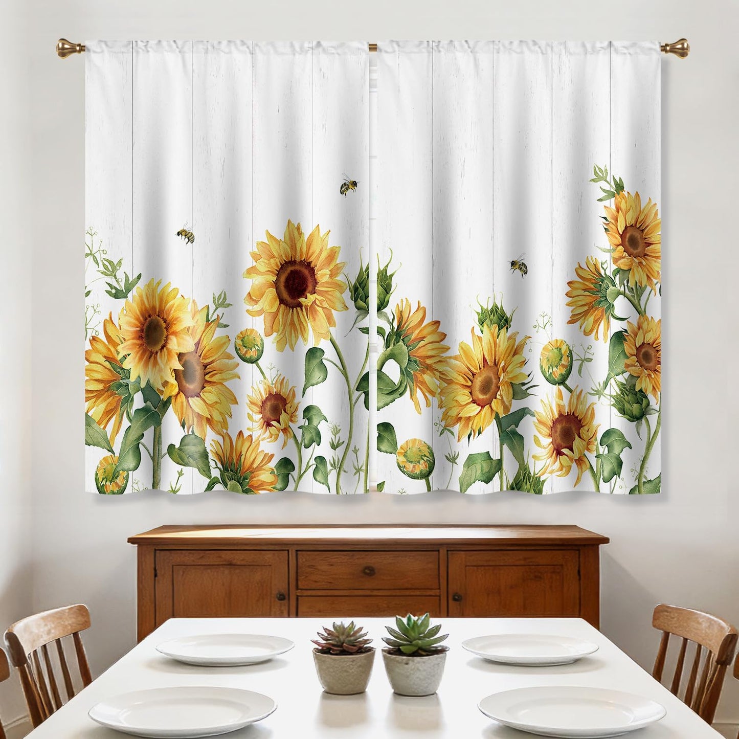 Cizuug Sunflower Farmhouse Kitchen Curtains Yellow Floral Flower Country Rustic Small Short Cafe Window Curtains Country Plant Rod Pocket Bathroom Window Drapes Treatment Curtains 2 Panels