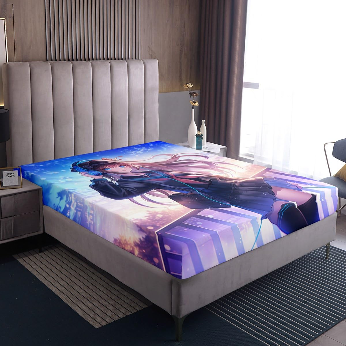 Erosebridal Anime Girl Bed Sheets Queen Size, Japanese Anime Fitted Sheet Top for Kids Boys Teens Bedroom Decor, Cartoon Girl Sheet Set Kawaii Japanese Animation Bedding Set with 2 Pillow Cases
