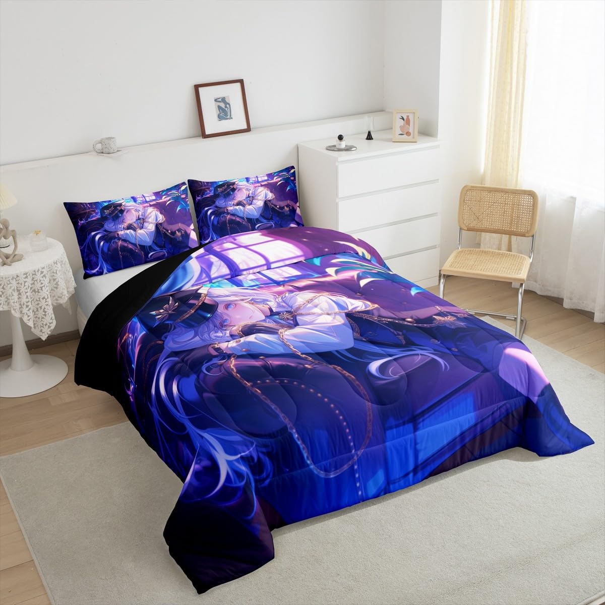 Erosebridal Anime Girl Comforter Set Twin Size Japanese Anime Bedding Set for Kids Boys Teens Women Bedroom Decor, Cartoon Girl Down Comforter Japanese Animation Kawaii Quilt, Purple