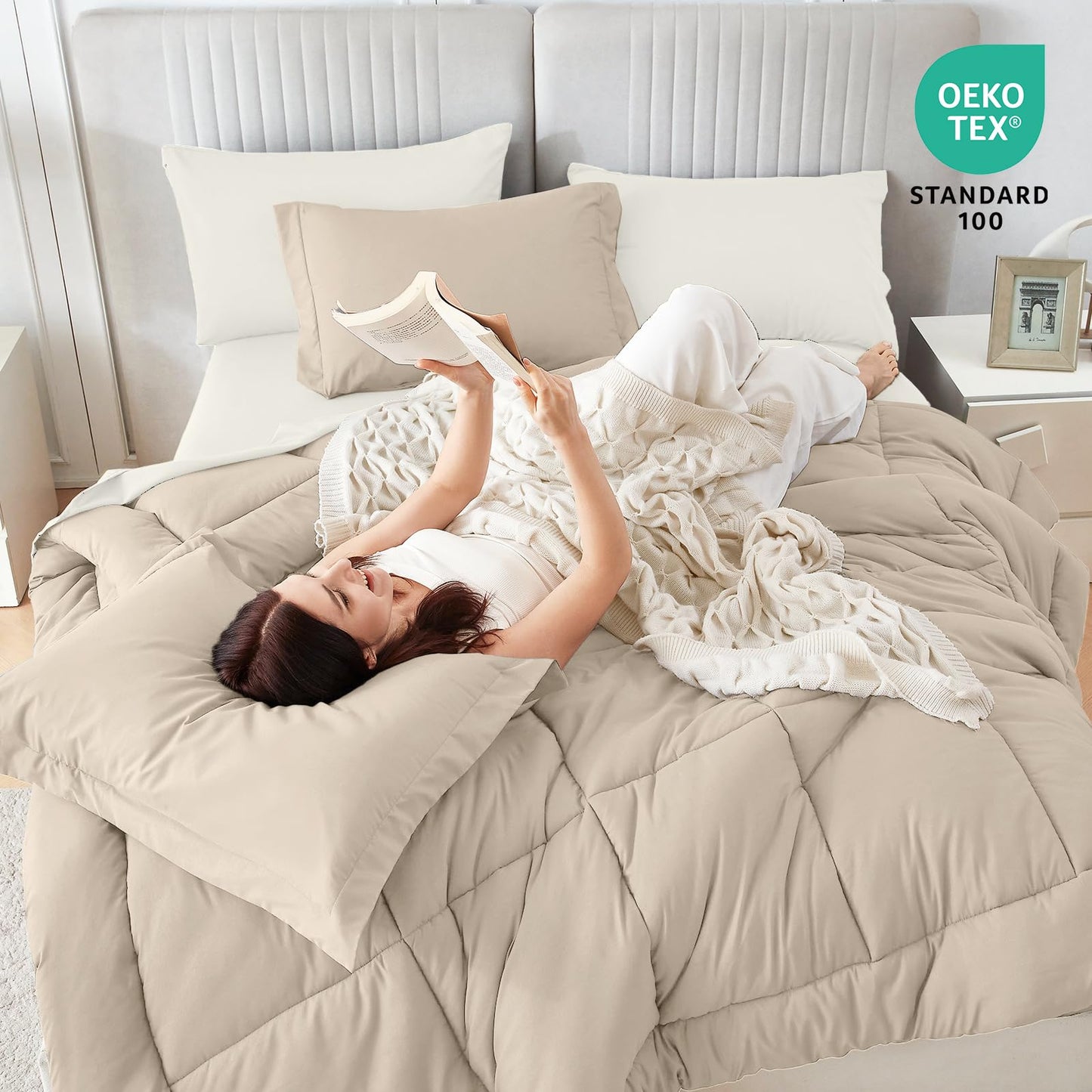 Sasttie Queen Comforter Set, 7 Pieces Reversible Bed in a Bag Queen, Complete Bedding Set Includes Comforter, Flat Sheet, Fitted Sheet, Pillowcases and Pillow Shams, Beige & Ivory