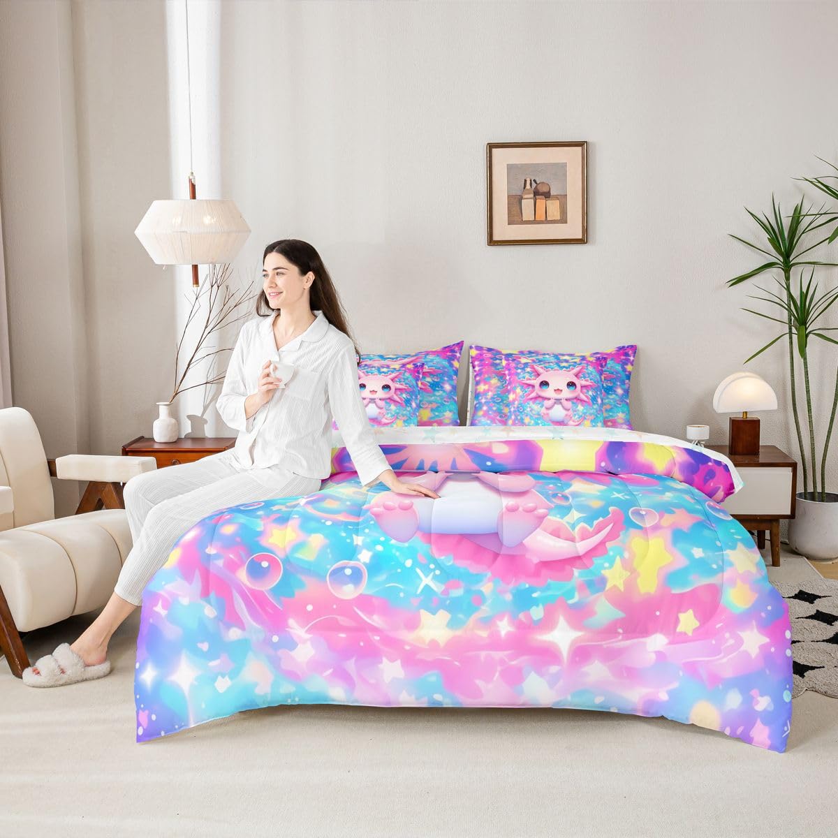 Kids Cute Axolotl Queen Bedding Set for Girls Teens Pink Axolotl Comforter Set with Flat and Fitted Sheet Dreamy Princess Rainbow Galaxy 7-Piece Bed in a Bag Cartoon Bubble Stars Sky Quilt Sets