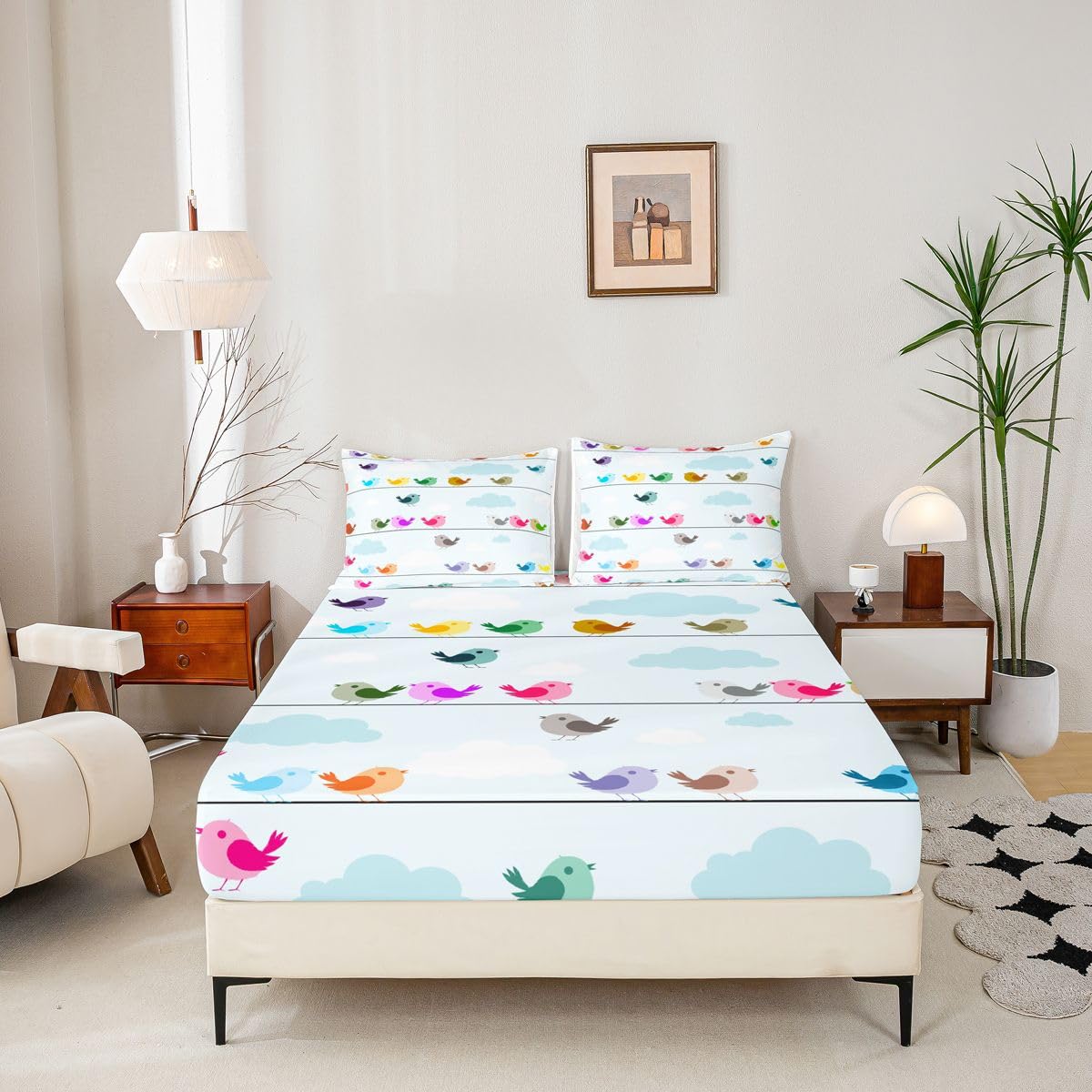 Erosebridal Kids Bird Bedding Sets King Size,Boys Girls Cute Cartoon Animals Bed Sheet Set Colorful Lovely Birds Sheet Set,Blue Sky White Clouds Fitted Sheet + Flat Sheet + 1 Pillow Case