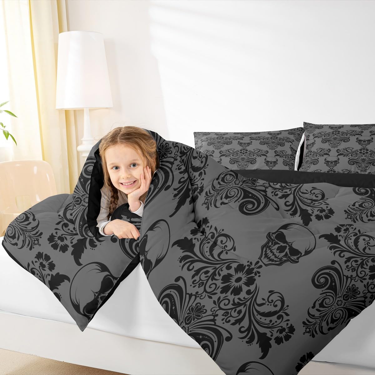 jejeloiu Queen Size Damask Print Bedding Set for Kids Boys Girls Gothic Sugar Skull Comforter Set Deep Grey Duvet Quilt Bedroom Decor Soft Lightweight Microfiber 3Pcs