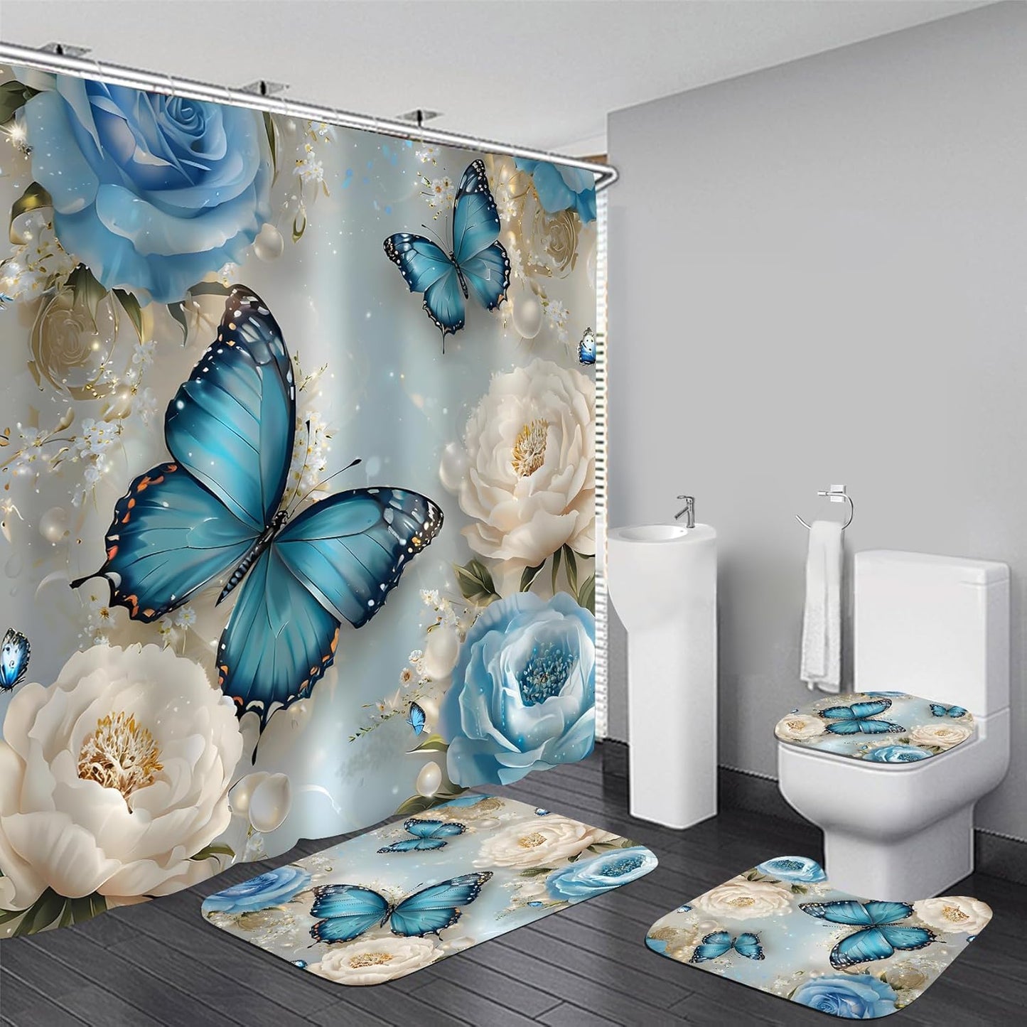 Chrainy 4pcs Shower Curtain Set for Bathroom and Toilet Blue Floral Butterfly Bathroom Decor Sets with Shower Curtain and Accessories Bath Mat,U Shape and Toilet Lid Cover Bathroom Set
