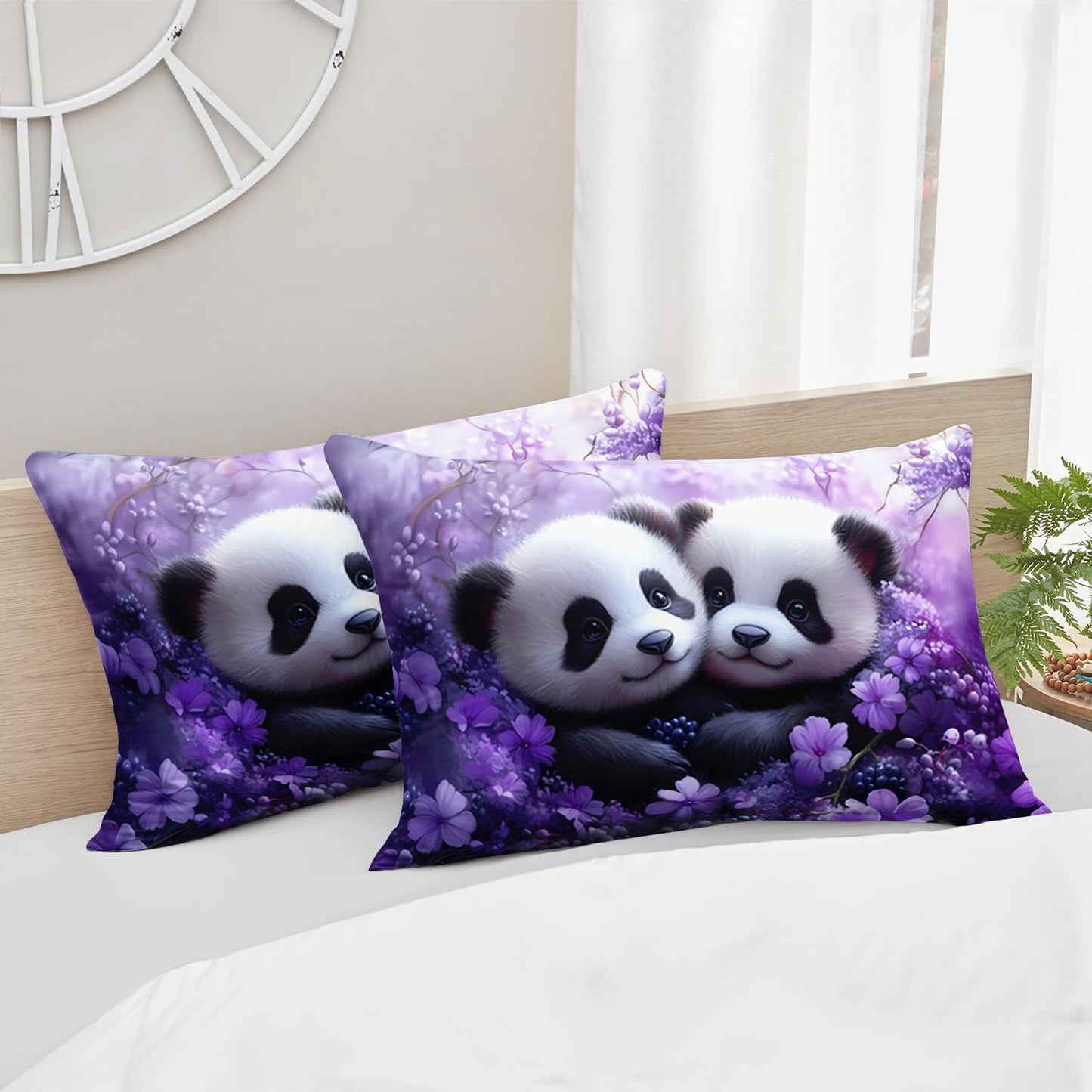 HOSIMA Panda Fitted Sheet Full for Girls Room Decor,Pandas Hugging Each Other in Flowers Field Printed Animal Bedding for Kids Boys,1 Fitted Sheet+2 Pillowcases.