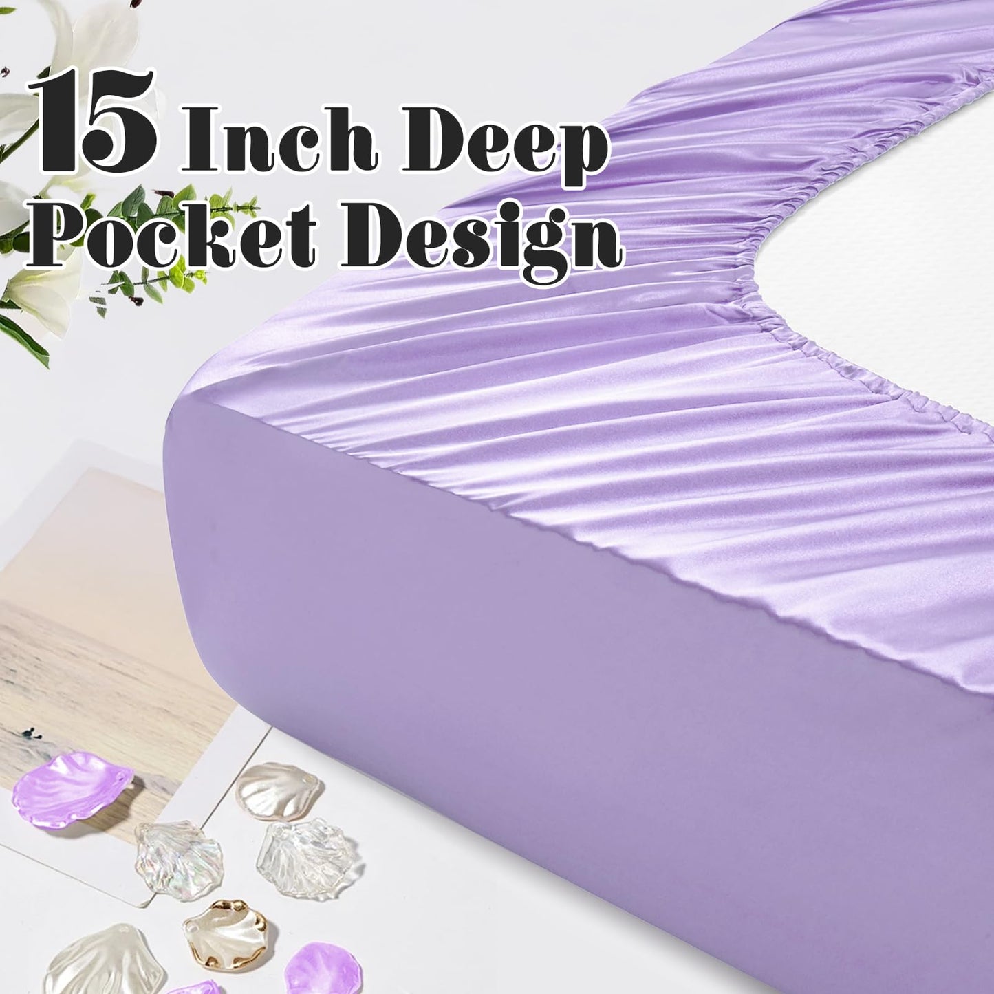 Homiest Ruffled Satin Sheets Full Size 6pc Set - Lavender Purple Bed Sheet Set with 15 Inch Deep Pocket Fitted Sheet, 1 Flat Sheet, 2 Ruffled Pillow Shams & 2 Pillowcases, Similar to Silk Sheets