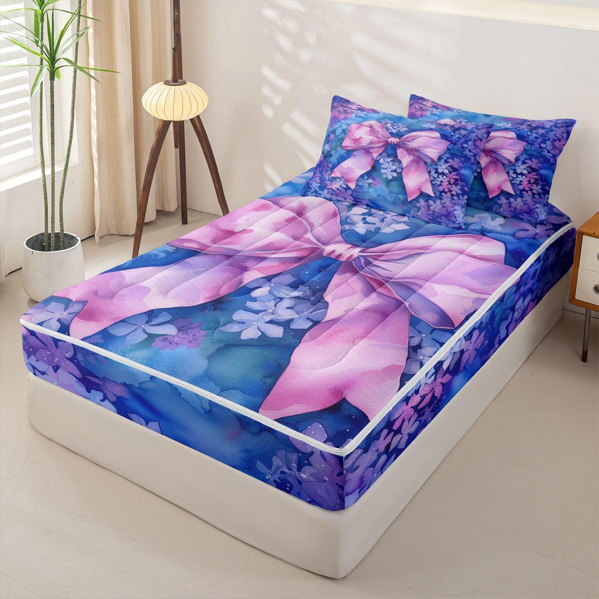 Feelyou Blue Flower Zipper Bedding Purple Bow Comforter Set for Kids Boys Girls Queen Size Cute Ribbon Zippered Kids Bedding Set Ultra Soft Dreamy Princess Style Bed in a Bag