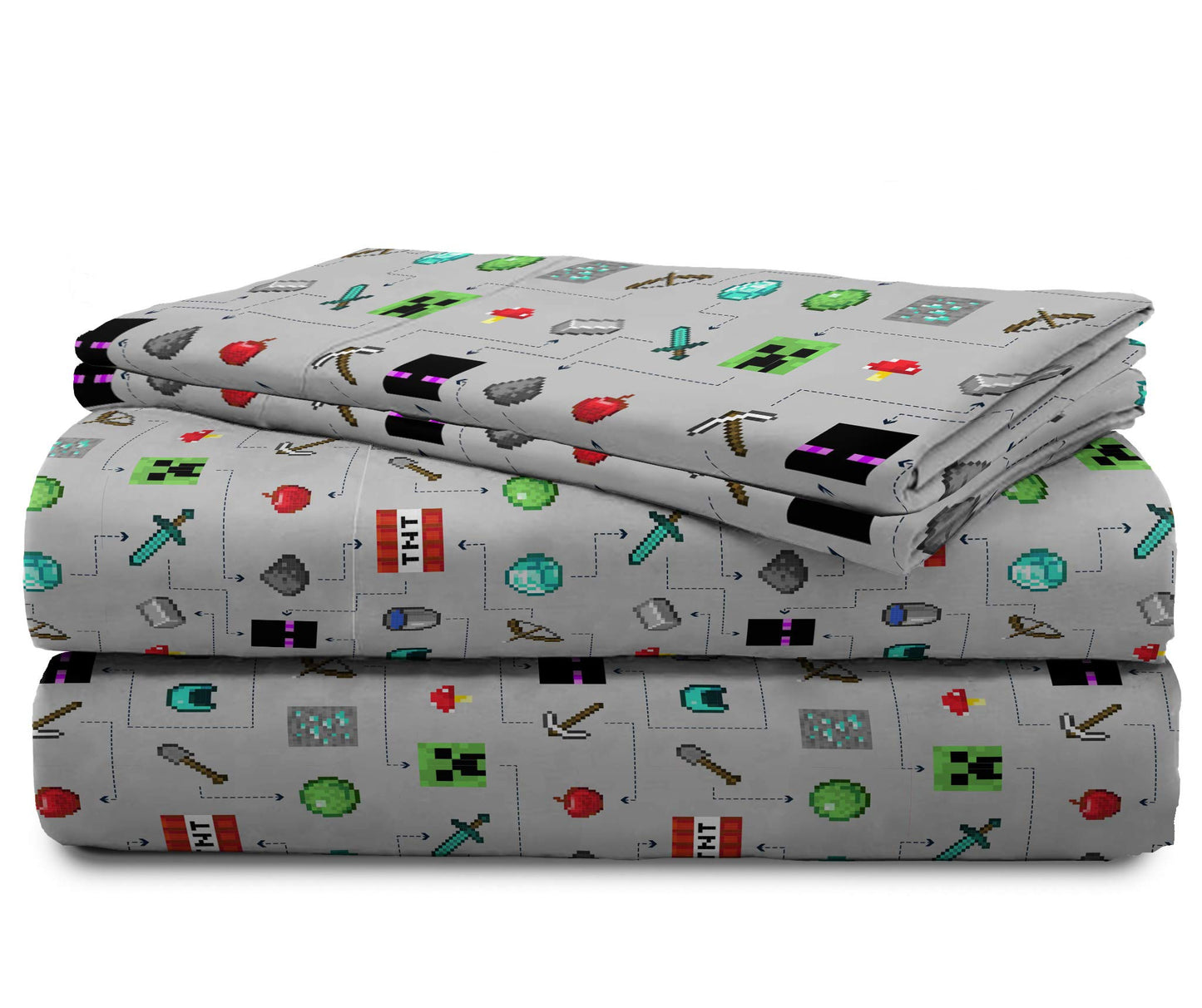 Jay Franco Kids Sheet Set with Fitted, Flat Sheets & Pillow Cover - Ultra-Soft Bedding with Pillowcase for Room Decor, Gray - Minecraft, 4 Piece Full