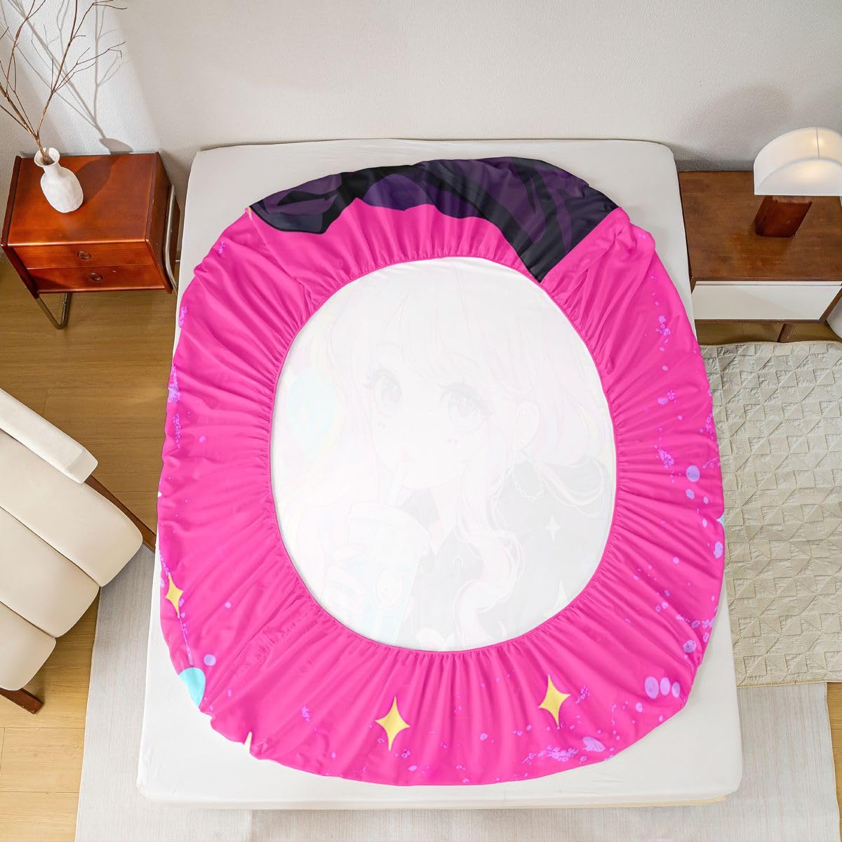 Erosebridal Preppy Girls Sheets for Boys Girls Kawaii Japanese Girl Drinking Water Fitted Sheet,Coquette Girl with Colorful Curly Hair Kids Bedding Sets Pink Anime Gifts Bed Sets Queen 3 Piece