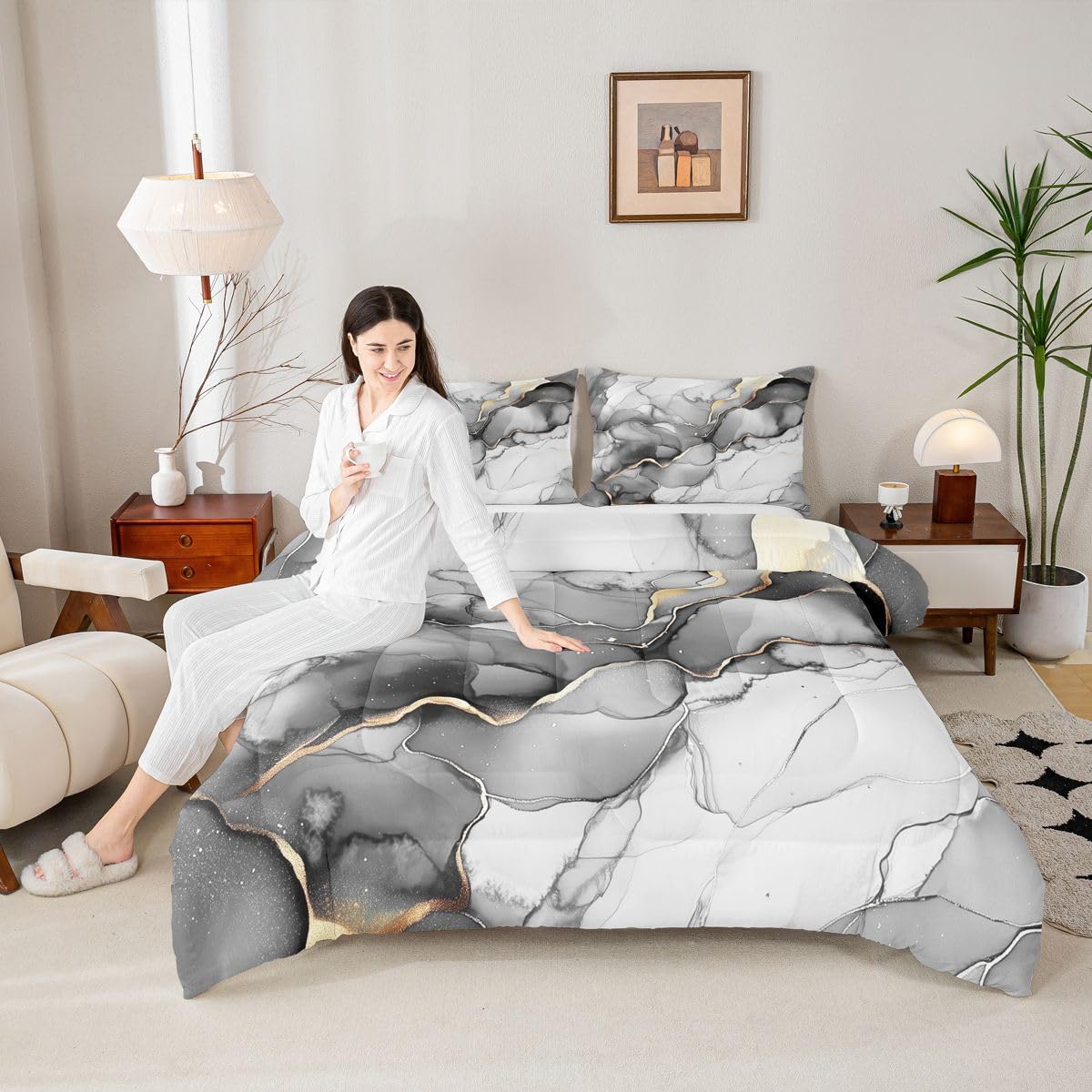Erosebridal Grey Marbling Bedding Set King Marble Pattern Comforter Set for Kids Boys Girls Gold Ink Fluid Art Down Comforter,Ombre Marble Textured Quilt Duvet