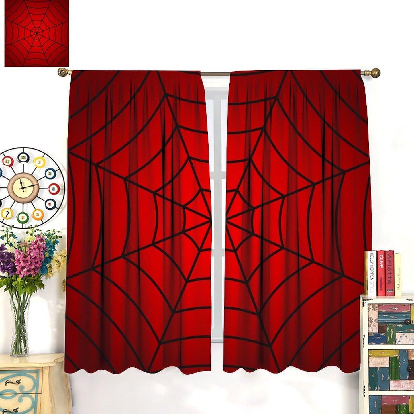 Djaby Spider Web Curtains, Cartoon Red Spider Web Window Curtain for Kids Girls Boys Bedroom Living Room Home 42" W X 45" L(No Blackout)