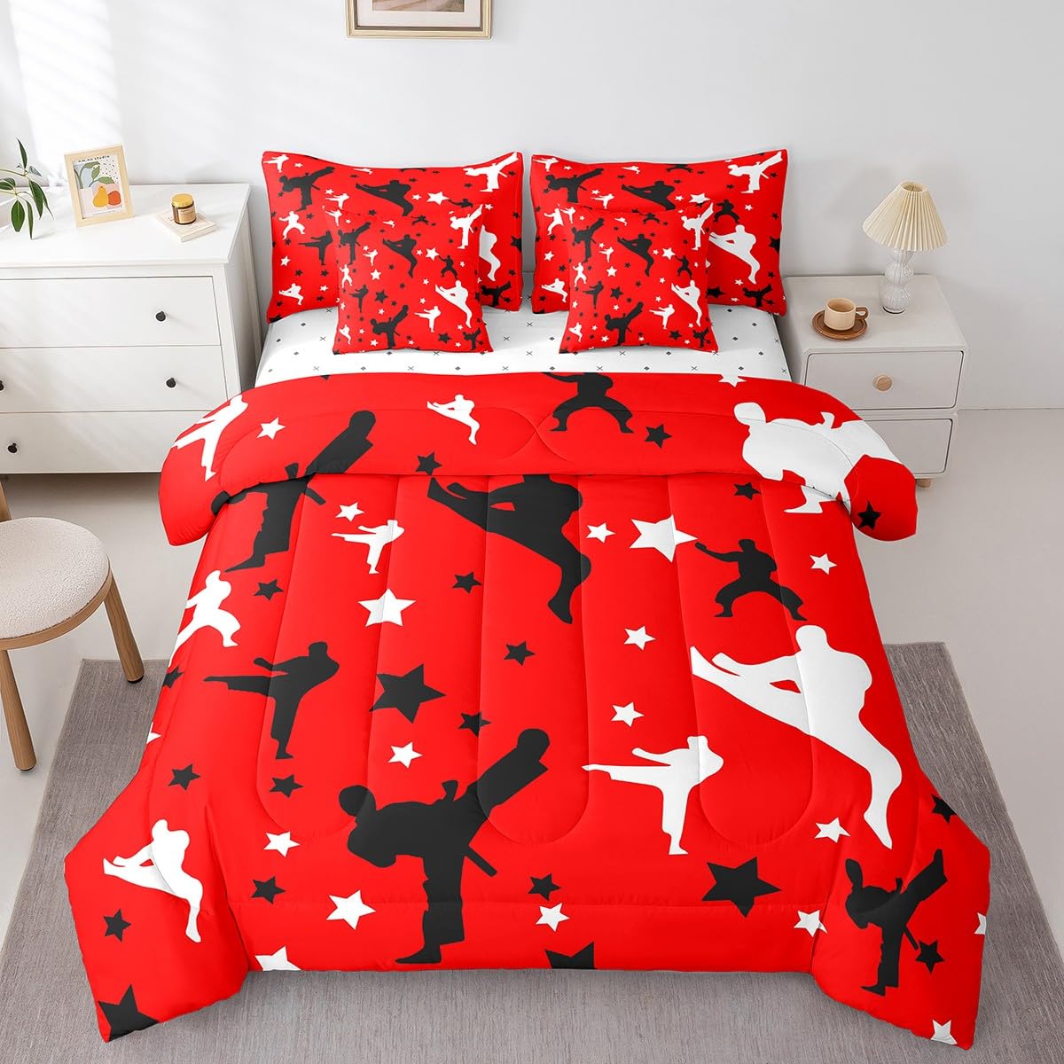 Erosebridal Taekwondo 7 Pcs Comforter Set Twin Japanese Style Bedding for Children Boys Girls Sports Samurai Stars Sheet Set Bed in A Bag Asian Kung Fu Karate Silhouette Bedroom Decor Bed Set