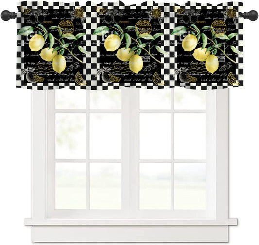 Lemon Fruit Valance Curtains for Kitchen,Vintage Rustic Farmhouse Black and White Plaid Nature Lemon Plant Leaves Short Panel Blackout Treatment Drapes for Dining Hall Living Room Cafe 54 x 18In