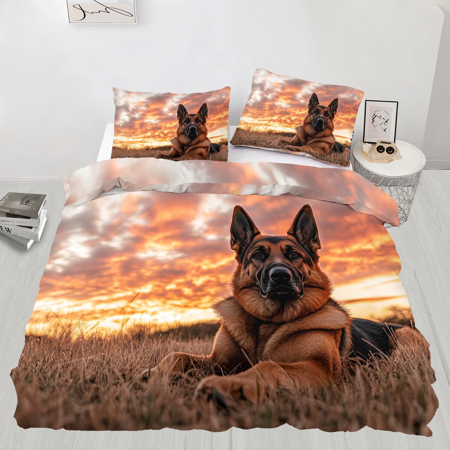 PAISUOQ Dog Print Bedding Sets Full Sunset Landscape Comforter Cover with Zipper Ties, German Shepherd Lovers Duvet Cover with 2 Pillowcases, 3 Pieces，Bedroom Decor & Gifts