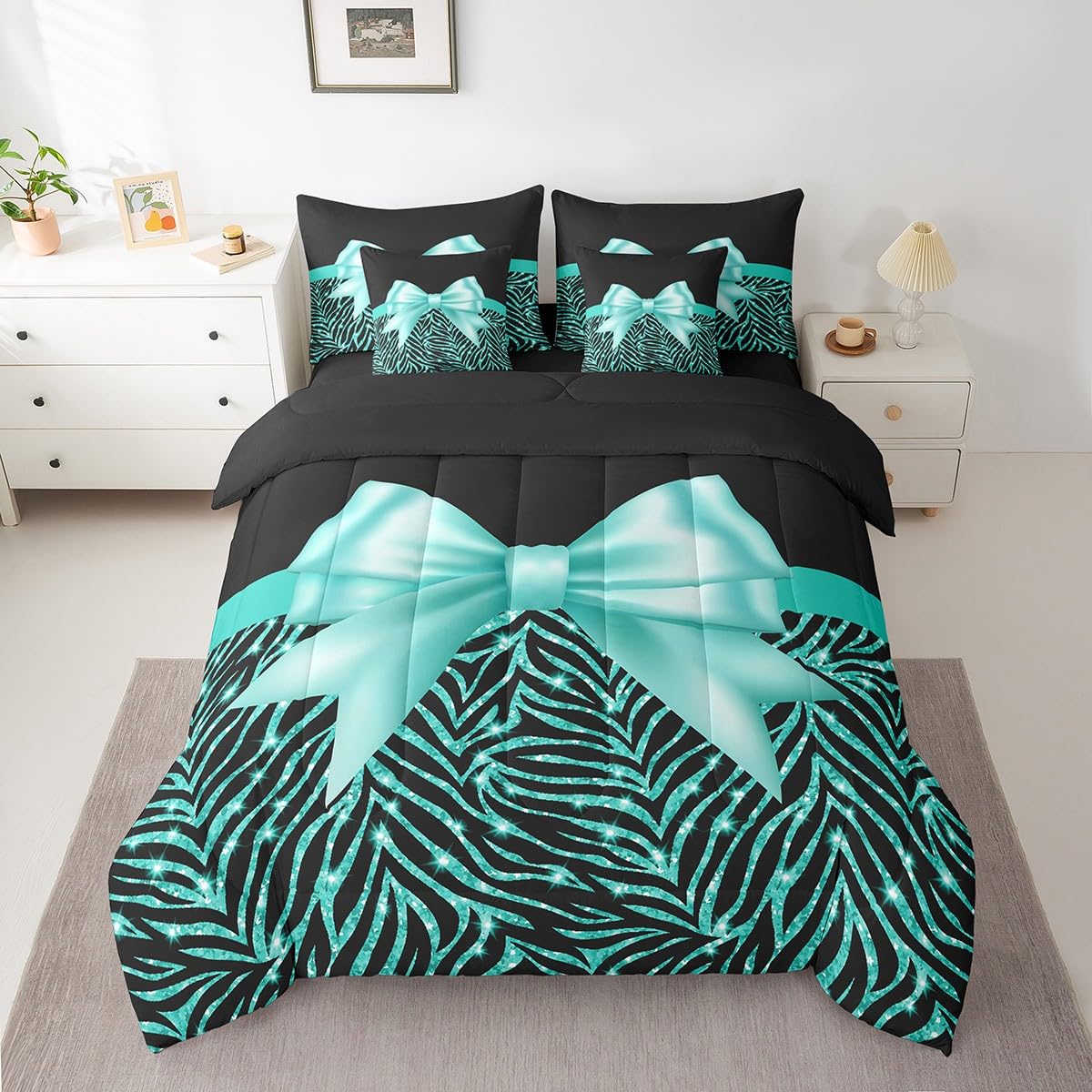 Feelyou Teal Bowknot 7 Piece Bedding Set Queen Size Glitter Print Comforter Set with Sheets for Kids Girls Adult Cute Bowknot Bed in a Bag Black Silver Bed Set