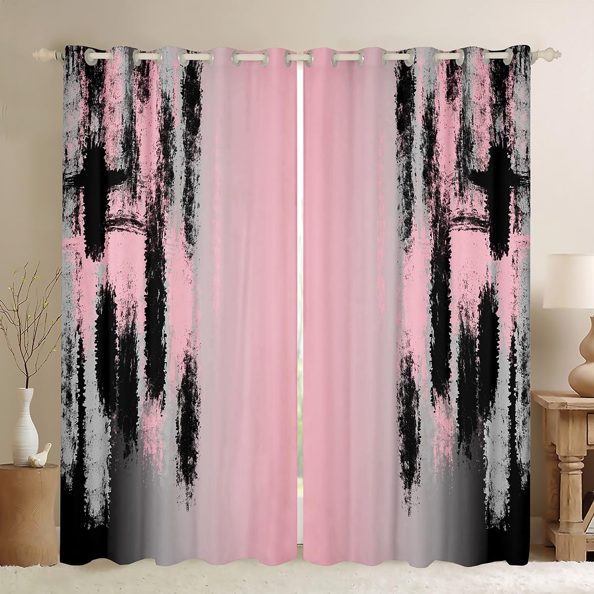 jejeloiu Kids Pink and Black Curtains for Bedroom Living Room (2 Panels, 42 x 84 Inch) Abstract Messy Rust Darkening Drapes Modern Art Blackout Curtains Gradient Stryle Window Treatments