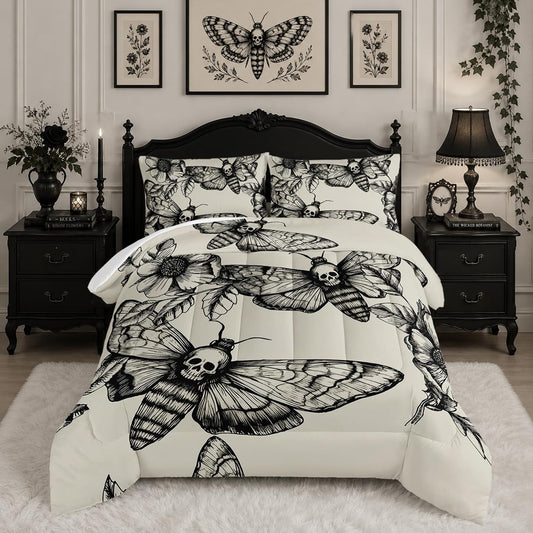 HOSIMA Gothic Decor Comforter Set,Death Moth Skull Heads Pattern Halloween Bed Set Queen Size for Boys Room Decor, Twin Bed in a Bag for Teens with 2 Pillowcases.