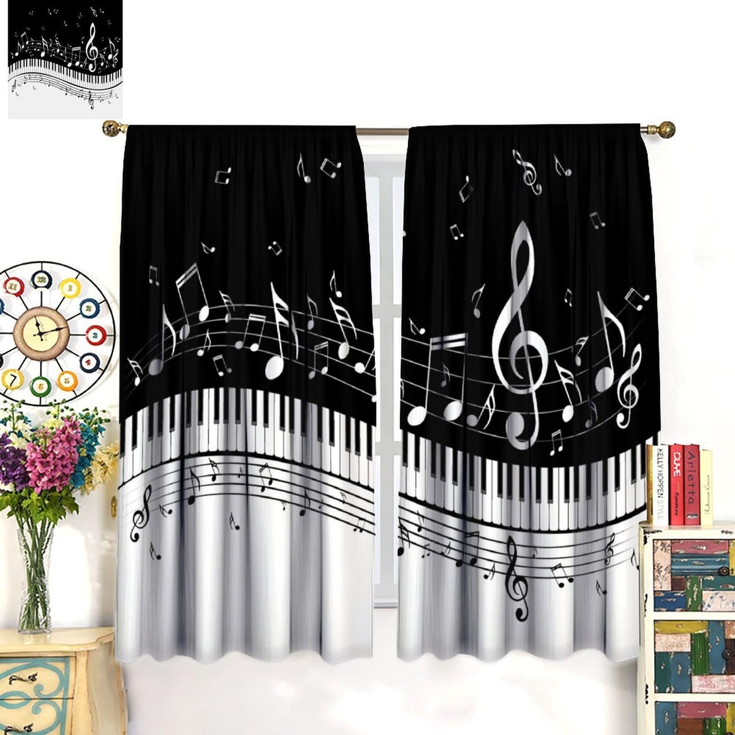 Music Notes Curtain, Black White Musical Notes Piano Key Musical Instruments Modern Romantic Art Window Drapes for Bedroom Living Room 42" W X 45" L(No Blackout)