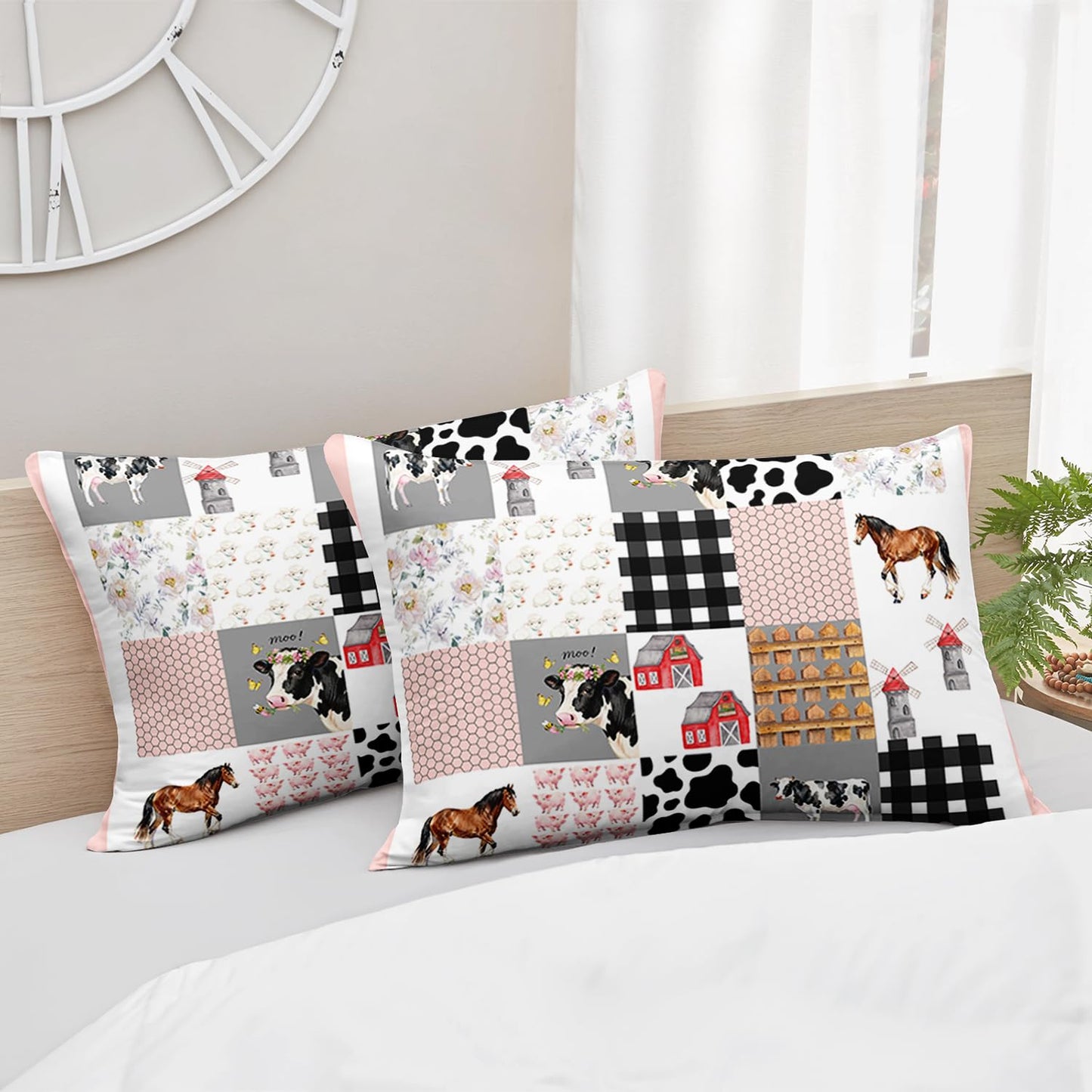 HOSIMA Cow Fitted Sheet & Pillowcase Set, Twin Western Country Room Decor Aesthetic for Girls, Cute Farm Animal Pig Cow Horse Twin Bedding Sets, Pink White Gingham