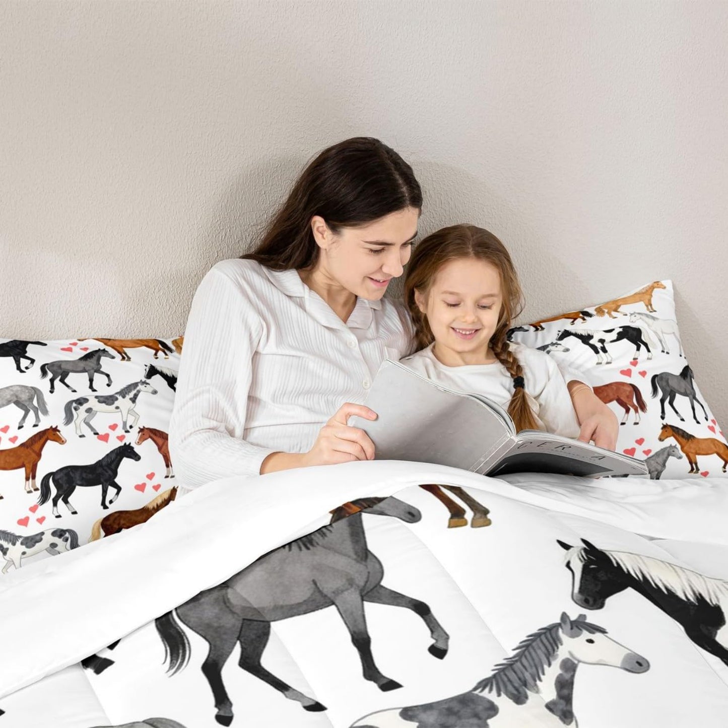 Erosebridal Kawaii Comforter Horse Comforter Set Queen Farm Bedding Set Kids Boys Girls Cute Animal Duvet Set Cartoon Horses with Pink Lover Heart Room Decor Duvet Set Cowboy Cowgirls Comforter Set