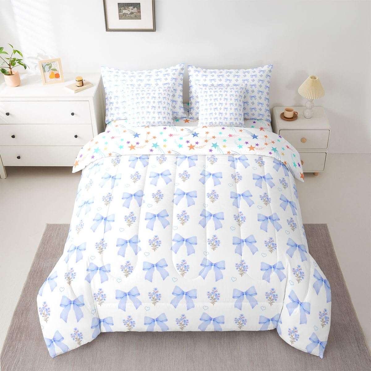 Erosebridal Bow 7 Piece Comforter Set King Bed in a Bag for Girls Kids,Girly Blue Floral Coquette Bedding Sets for Child Bow Knot Ribbon Heart Quilt Dreamy Princess Style Sheet Set with Comforter