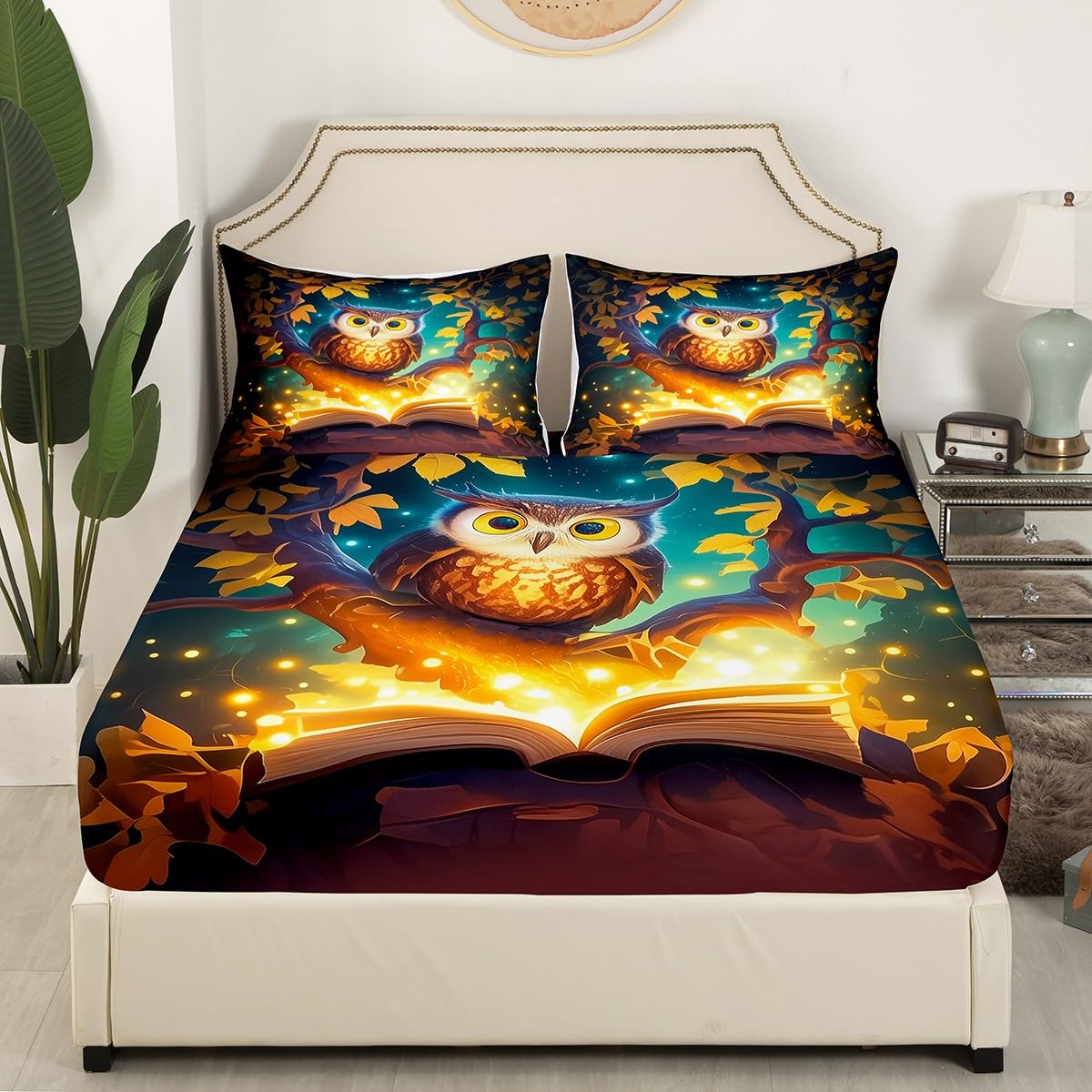 Cartoon Owl Bedding Sets Twin Size,Wild Animals Fitted Sheet 2Pcs for Kids Girls Boys Teens Room Decor,Reading Book Theme Bed Sheet Magical Gold Tree Deep Pocket Sheet,1 Pillowcase