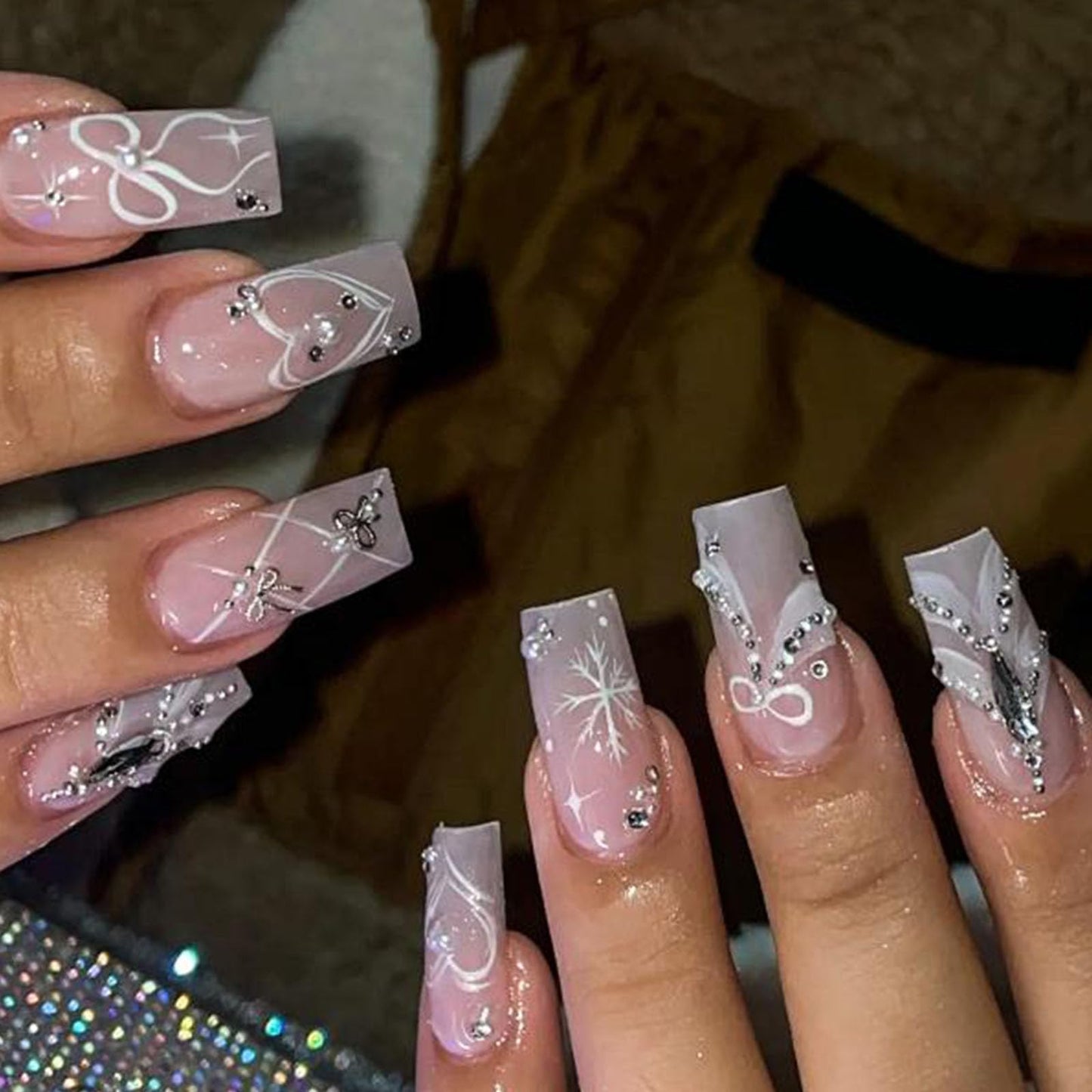 Press on Nails Medium Square Fake Nails with Pearl Rhinestones Bow Snowflake Designs Grey Gradient Nails Press ons Cute False Nails for Women 24Pcs