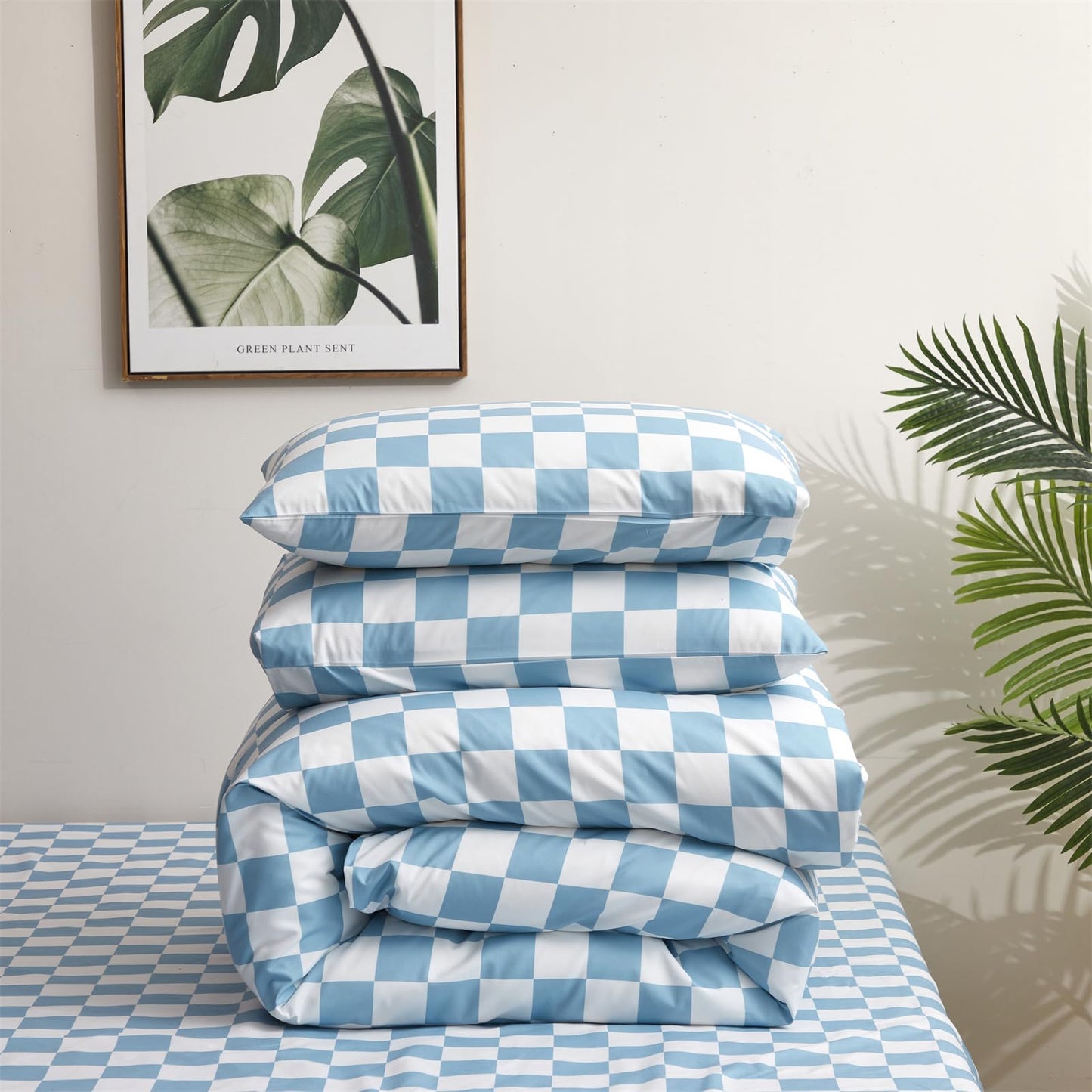 KAREVER Blue White Grid Comforter Set Full Blue Plaid Bedding Set Girls Blue White Checkered Bed Blanket Set Kids Durable Breathable Bedding Comforter Set