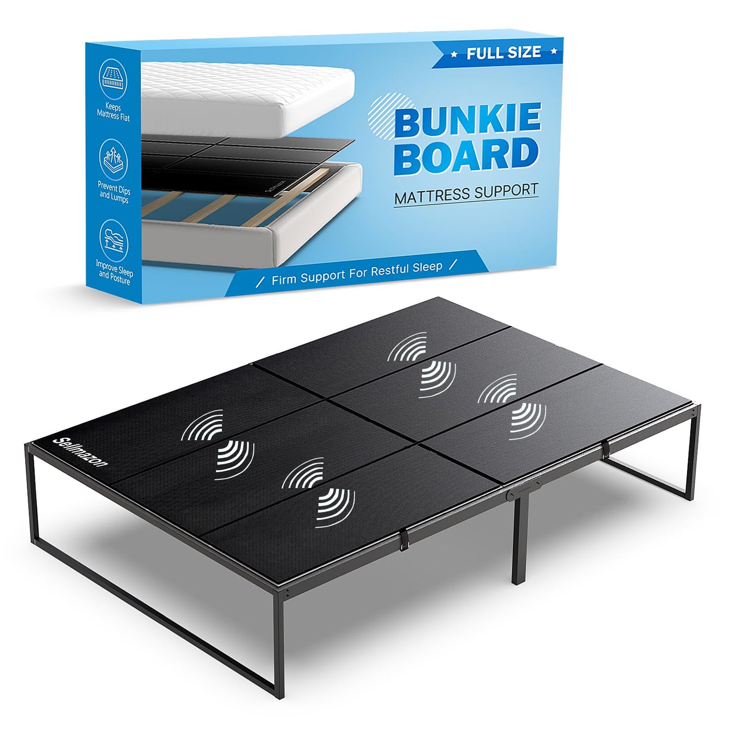 Sellmazon Bunkie Board Full Size (54x75''), Heavy Duty Bed Boards for Slatted Bed Frame, Under Mattress Support Board to Stop Sagging, Breathable, Noise Minimizing, Moisture Resistant, Black