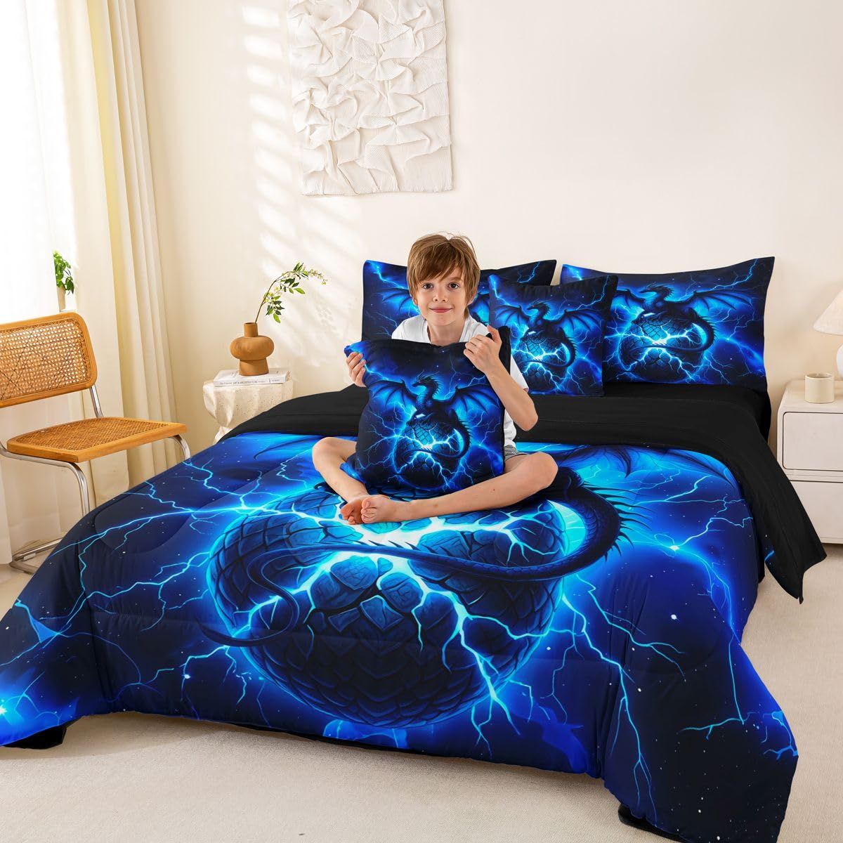 Feelyou Dragon Comforter Set with Sheets 7 Piece Twin Size Chic Outer Space Starry Sky Bed in a Bag Kids Boys Girls ungle Animals Dragon Bedding Set Bedroom Decor Breathable Soft Microfiber