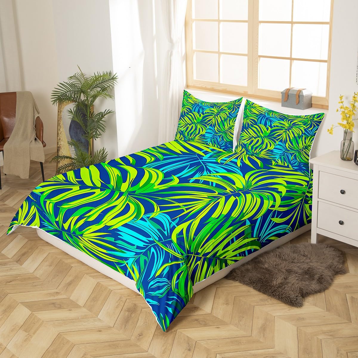 Palm Leaf Duvet Cover,Tropical Plant Comforter Cover for Kids Botany Themed Print Bed Collection,Exotic Palm Tree Natural Botanical Summer Ocean Beach Sea Hawaiian Decor Bedding Set,King,Green Blue