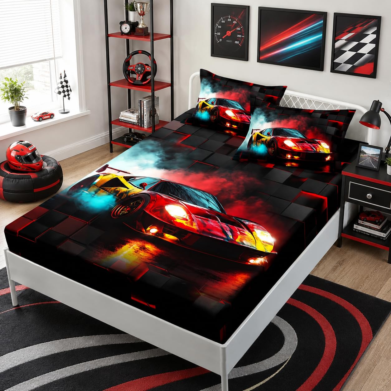 HOSIMA Boys Race Car Twin Fitted Sheet,Black Red Geometric Background Pattern Lightweight Cool Extreme Sports Bedding for Kids Men Car Room Decor,1 Fitted Sheet+2 Pillowcases.