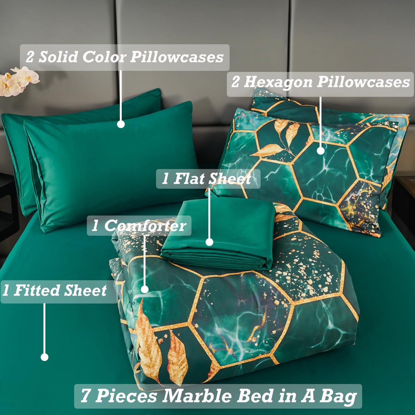 ANGIYUIN 3D Marble Printed Emerald Green Comforter Set Full, 7Pcs Geometric Hexagon Theme Comforter Gold Trim Bed in A Bag Full, Modern Watercolor Foil Print Bedding Set with Sheets (Green Full)